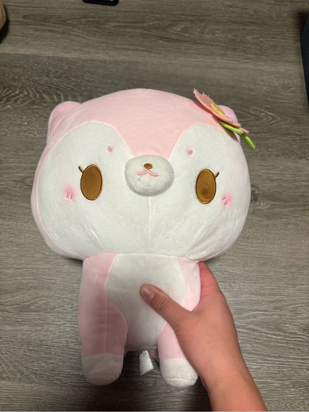 Soft Pink & White Plush Animal with Flower Accent - Kids Stuffed Toy